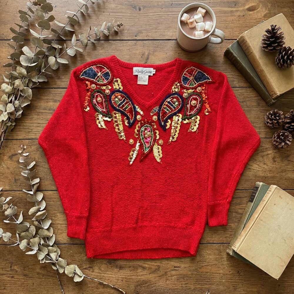 Vintage Red Shirt 2000s | Hand-Embroidered with Rhinestones | Alexa Grace Size M